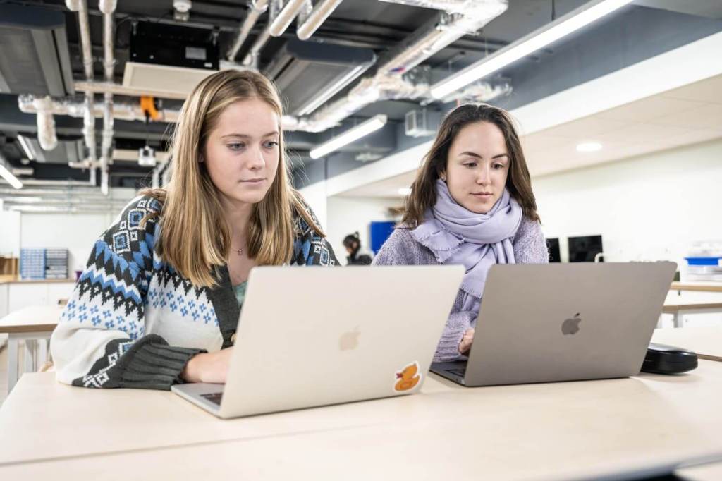Two female students concentrating on their laptop screens